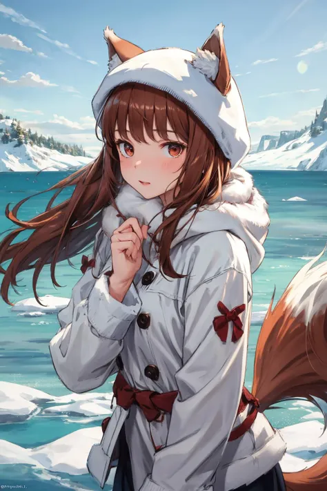 masterpiece, best quality, highres, 1girl, long hair, brown hair, animal ears, red eyes, wolf tail, <lora:holo_v1:0.7>,
winter, fur clothes, fur hat, snow, ocean, frozen water,
Outdoor,