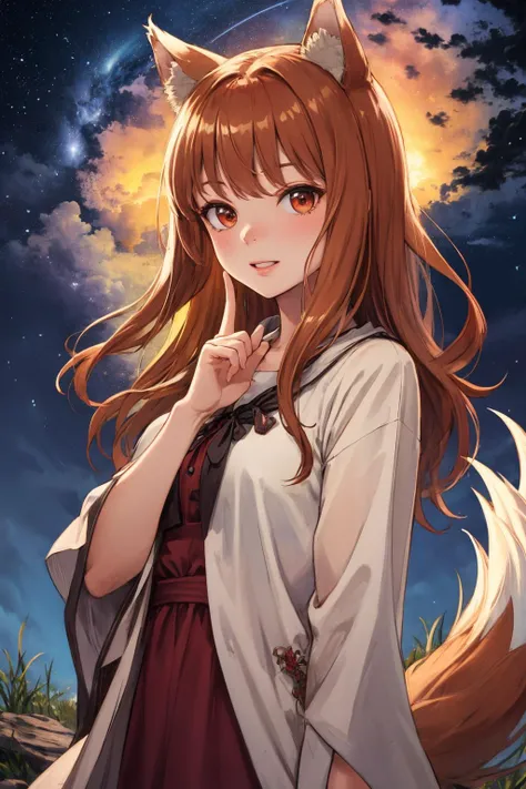 masterpiece, best quality, highres, 1girl, long hair, brown hair, animal ears, red eyes, wolf tail, <lora:holo_v1:0.7>,
Outdoor, watching the sky, milky way, smile, poiting the sky with his finger