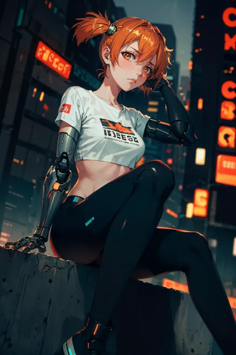 ((masterpiece)), (best quality), hires, 1girl, cyborg girl, orange hair, orange eyes, short twintails, hair ornament, (medium breasts), looking at viewer, pale skin, ((emotionless, loneliness, sadness)),
close up, accent lighting, faded, misty soft colors,...