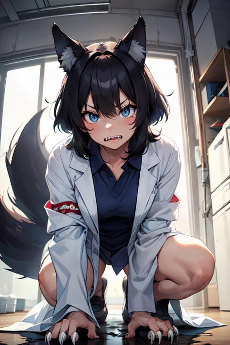 1girl,bandaged,sharp teeth,lab coat,claws,black hair,messy hair,short height,crouched,ready to pounce,sharp eyes,growling,looking at viewer,oversized lab coat,blue eyes,wolf ears,tattered clothes,destroyed lab,