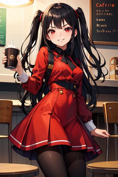 1girl,black hair,straight hair,long hair,two side up,black pantyhose,red skirt,black sweater,evil smile,cafe,red eyes,sinister smile.