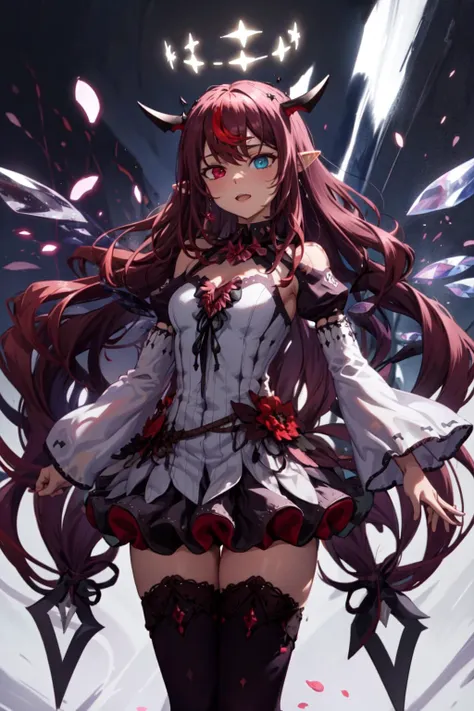 <lora:KitsuneAi-IRyS-LoCon32-V1-000007:1> irys (hololive), long hair, heterochromia, pointy ears, horns, detached sleeves, wings, halo, purple thighhighs, white dress