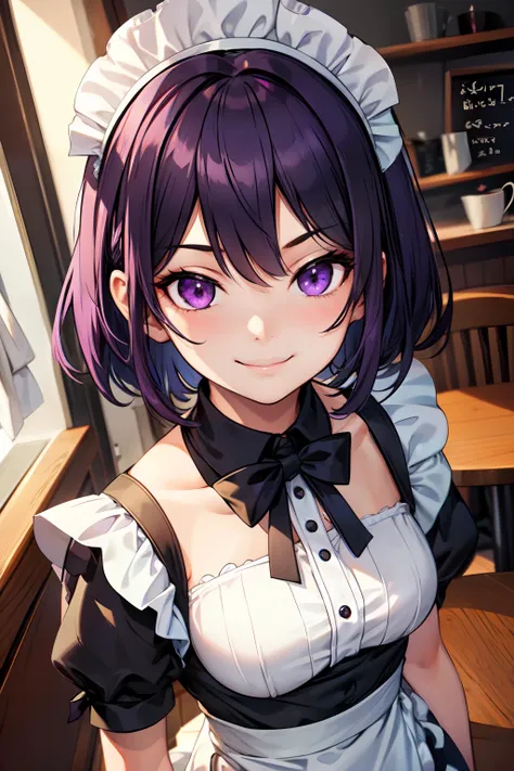 1girl,short hair,dark purple hair,purple eyes,maid outfit,maid headdress,cafe,((sinister smile)),