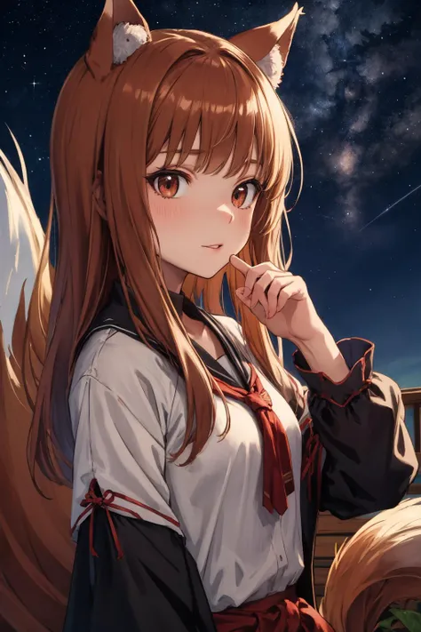 masterpiece, best quality, highres, 1girl, long hair, brown hair, animal ears, red eyes, wolf tail, <lora:holo_v1:0.7>,
Outdoor, watching the sky, milky way