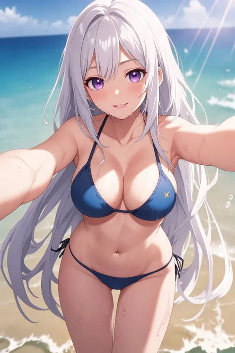 (masterpiece:1.2, best quality, chromatic aberration:1.4, anime illustration), symmetry, highly detailed, CG unity 8k wallpaper, highly detailed eyes, official art, 
selfie, 1girl, white hair, purple eyes, parted lips, blush, makeup, light smile, bikini, b...