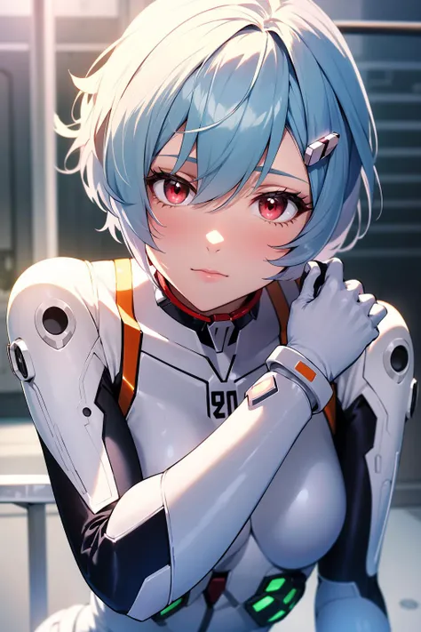 absurdres,best quality,1girl,solo,looking at viewer,eye focus,<lyco:GoodHands-beta2:1>,<lora:rei_evangelion:0.5>,rei_evangelion,light blue hair,red eyes,short hair,absurdly short hair,kinky hair,curly hair,plugsuit,pilot suit,interface headset,white bodysu...