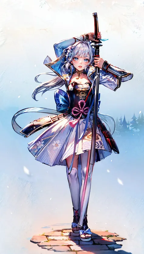 ((masterpiece)), ((best quality)),
1girl, solo, <lora:kamisato ayaka:1>,
light silver-blue eyes with sky blue pupils, blue-white hair styled, red ribbon, hair ornament,
outdoor, sakura trees and river as background, ice aura on ground, sakura pedal flying,...