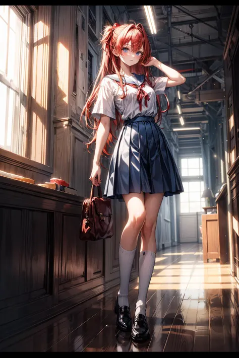 (masterpiece, best quality, detailed), 1girl, solo, indoors, window, blue sky, hallway, souryuu asuka langley, interface headset,light red hair,long red hair,hair between eyes,red hair,blue suspender skirt,red ribbon, white shirt,school uniform, socks, sho...