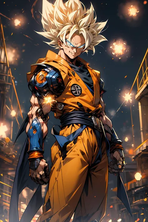 masterpiece,best quality,1boy,goku,super saiyan goku,ssj goku,training,smiling,angry face,looking to viewer,standing,blonde hair,orange upper,mechanical arms,orange pants,body suit,science fiction,blue belt,blue bangles,dark blue boots,,(aura power:1.4),bo...