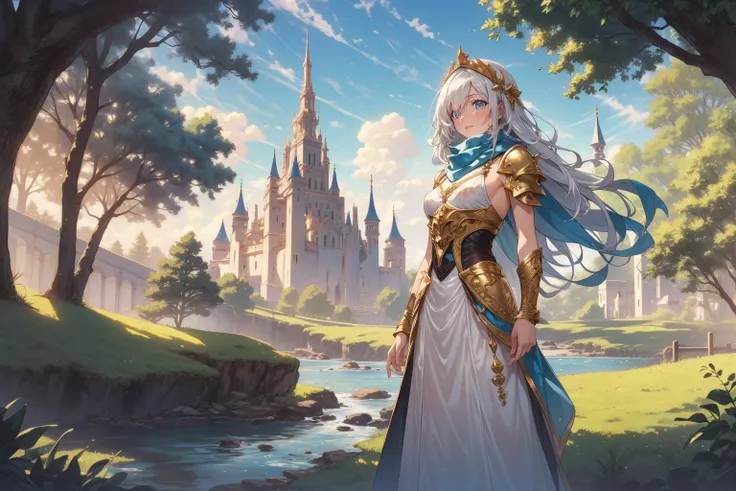 ((masterpiece)), (best quality), (highres, hdr, dynamic range), volumetric light, ray tracing, (colorful),
(A knight:0.9) standing on a castle promenade with a valley and a wide river flanked by trees in the background,
ornate see-through white ball gown w...