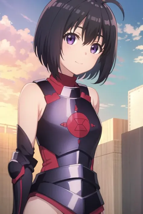 bofurimaple, <lora:bofuri maple s2-lora-nochekaiser:1>,
maple, short hair, bangs, black hair, hair ornament, (purple eyes:1.1), ahoge, bob cut, smile,
BREAK thighhighs, gloves, bare shoulders, boots, black gloves, elbow gloves, armor, red thighhighs, black...