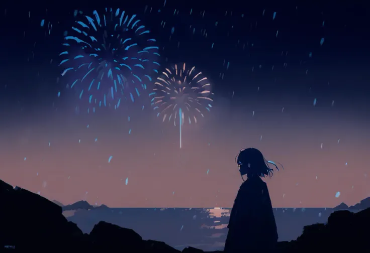 fireworks in the sky with a girl looking at the ocean