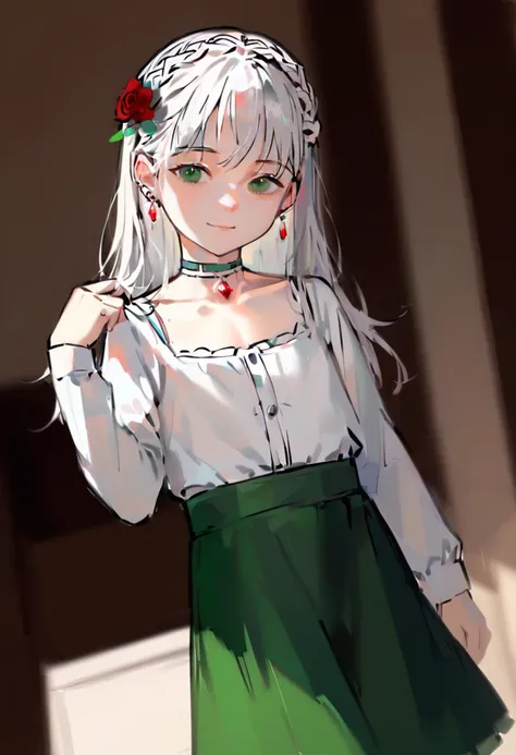 anime girl with white hair and green skirt holding a red rose