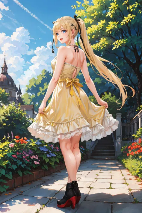 masterpiece, best quality, <lora:marierose-nvwls-v1-000009:0.9> doamarie, twintails, x hair ornament, hair ribbon, (yellow sundress:1.2), from behind, garden, blue sky, victorian architecture, :D  <lora:edgChamYellowSundress:0.4> edgYSD,woman wearing a yel...