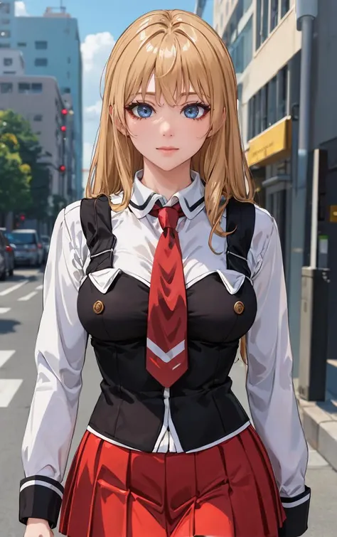 anime girl in uniform walking down the street with a red tie