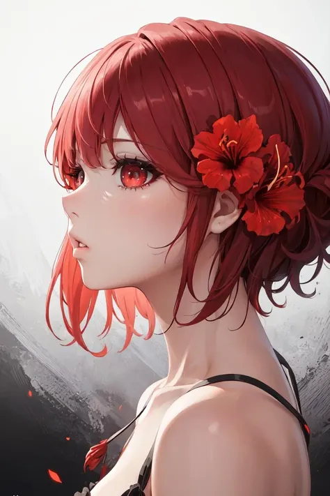 a woman with red hair and a flower in her hair（arima kana)