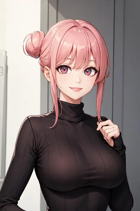 masterpiece, best quality, absurdres, perfect anatomy, 1girl, solo, pink hair, hair bun, turtleneck sweater, upper body, large breasts, smile