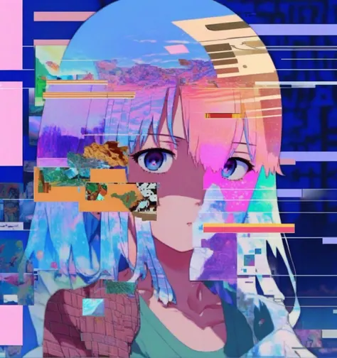 anime girl :1.3 , Layers of glitched textures and distorted visuals stack upon each other, creating a multi-dimensional collage that mirrors the intricate layers of breakcore compositions:1.5, layers of glitched textures:1.2, distorted visuals:1.2, stack u...