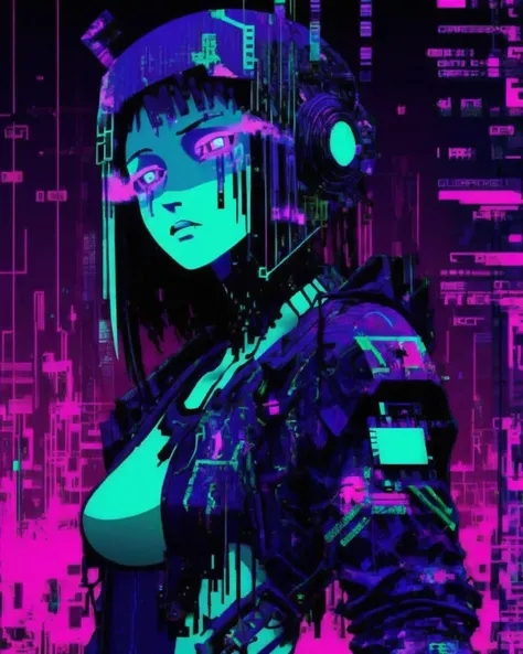 a monster :1.3 , A glitched-out avatar navigates through a glitchy, dystopian landscape, embodying the digital chaos and cyberpunk aesthetics often associated with breakcore:1.5, glitched-out avatar:1.2, navigates through a glitchy landscape:1.2, dystopian...