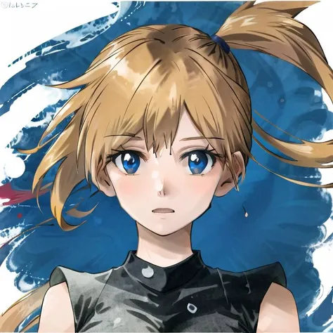 anime girl with blonde hair and blue eyes in a black dress