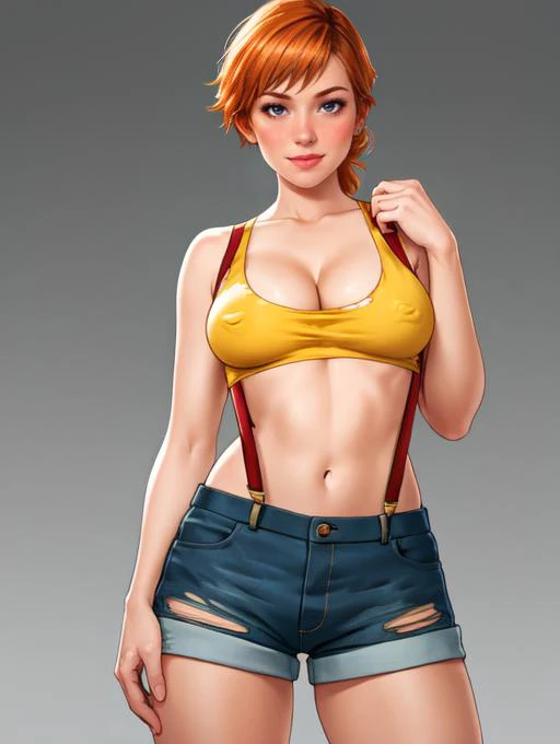 <lora:misty_(pokemon)_v2:0.4>,misty,1girl,solo,side_ponytail,side_orange_ponytail,orange_hair BREAK [SEP],
midriff,suspenders,bare_shoulders,yellow_tube_top,yellow_string_bikini_top,yellow_crop_top,torn_crop_top,skimpy_crop_top BREAK [SEP],
denim_shorts,sl...