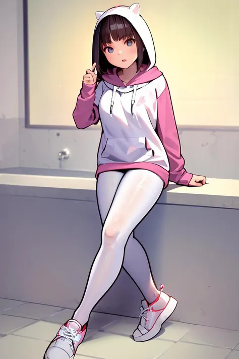 anime girl in a pink hoodie sitting on a ledge