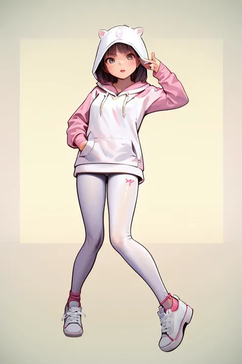 anime girl in a hoodie and leggings with a cat on her head