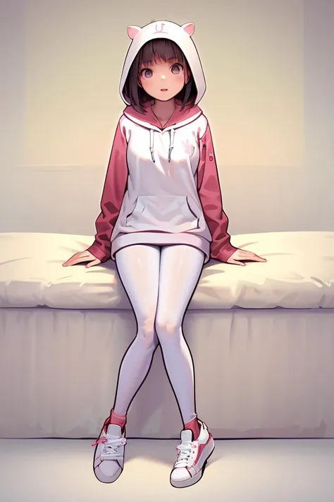 anime girl sitting on a bed with a hoodie on