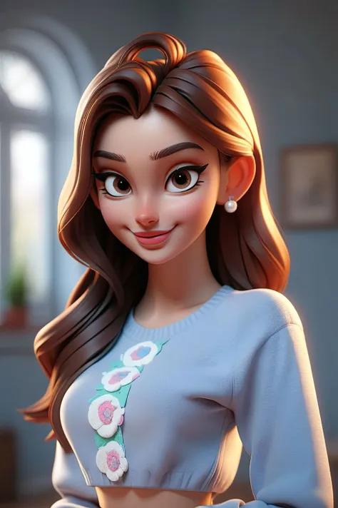 a cartoon girl with long brown hair and a blue top