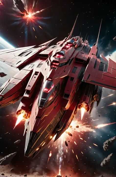 masterpiece, photorealistic highly detailed 8k photography, best cinematic quality, volumetric lighting and shadows, sharp intricate details, <lora:SpaceCraft_XL-000005:1> Big symmetric Ruby Red spcrft destroying a space warship, Large wings, explosions, s...