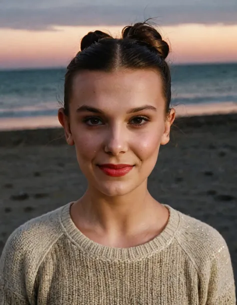 super high resolution below pov photo close-up of milli3 woman with long dark hair styled in a hair bun smiling,eyeshadow and lipstick, at beach while looking at camera,wearing sweater,(highly detailed skin:1.2),(pores:1.2),(sweaty skin:1.3),gloomy,volumet...