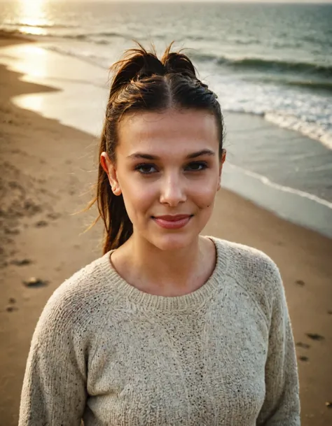 super high resolution (from above shot:1.3) photo close-up of milli3 woman with long dark hair styled in a ponytail smiling,eyeshadow and lipstick, at beach while looking at camera,wearing sweater,(highly detailed skin:1.2),(pores:1.2),(sweaty skin:1.3),gl...