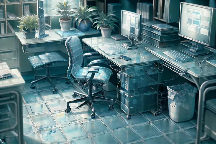 chair, computer, desk, indoors, monitor, no_humans, office_chair, plant, potted_plant, scenery, table, tile_floor, tiles, trash_can,  <lora:GlassTech-20:1.5>,glasstech,