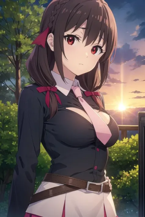 konosubayunyun, <lora:konosuba yunyun movie-lora-nochekaiser:1>, 
yunyun, long hair, brown hair, hair ornament, (red eyes:1.3), bow, ribbon, twintails, braid, hair bow,
BREAK skirt, long sleeves, necktie, belt, clothing cutout, cleavage cutout, pink skirt,...