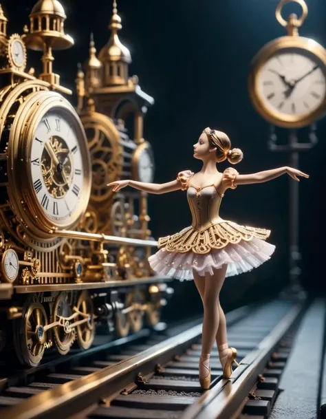 photograph timeart, a toy ballerina dancing over a rail, automates, ballet outfit, clock mechanism, intrinsic details, rich of details  <lora:timeart:1>
 <lora:add-detail-xl:2>, 50mm . cinematic 4k epic detailed 4k epic detailed photograph shot on kodak de...