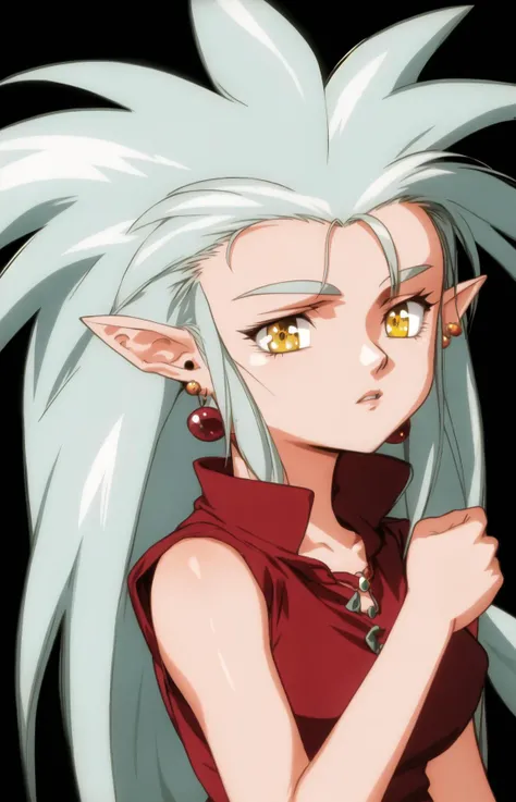 ryouko (tenchi muyou!), 1girl, solo, long hair, breasts, looking at viewer, simple background, jewelry, blue hair, yellow eyes, upper body, sidelocks, earrings, parted lips, pointy ears, spiked hair, black background <lora:90sv2.0R:0.6>