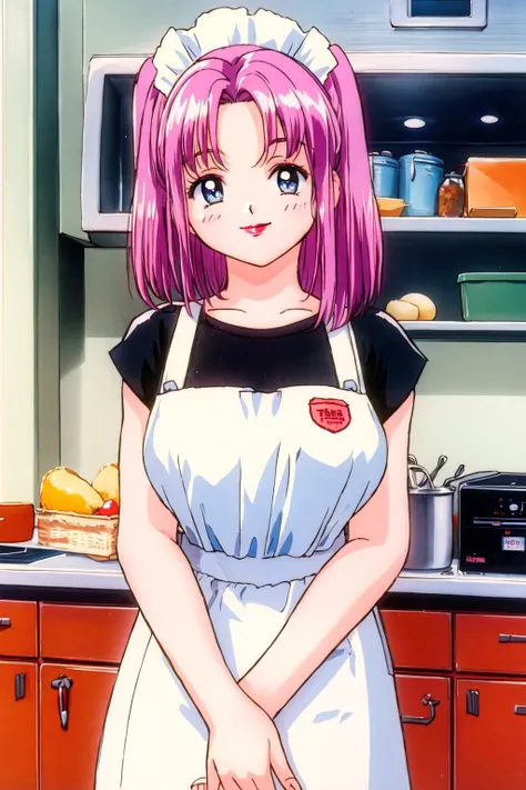 <lora:90sv2.0R:0.6>, 1990s (style), retro artstyle, kitchen, apron, looking at viewer, smile, lips, white pupils, indoors, large breasts