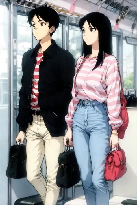 1boy, 1girl, bag, black eyes, black hair, handbag, holding bag, jacket, long hair, long sleeves, pants, retro artstyle, satchel, shirt, short hair, shoulder bag, striped, striped shirt, suitcase, train interior