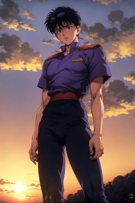 urameshi yusuke, 1990s (style), 1boy, animal, cloud, cloudy sky, male focus, outdoors, purple sky, sky, solo, sunset, twilight