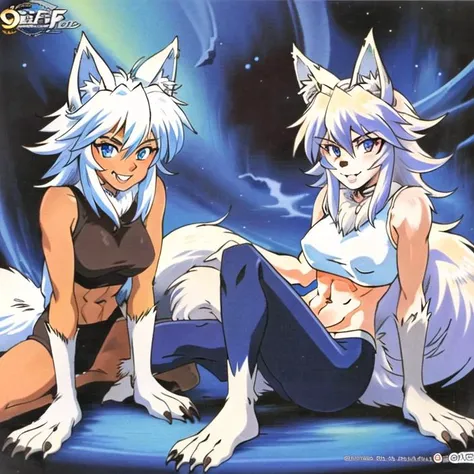 ((best quality)), ((highly detailed)), masterpiece, ((official art)), (detailed eyes, deep eyes), 1girl, ((wolf girl)), <lora:werewolfWolfGirls:.35>, werewolf, (furry legs), furry arms, wolf ears, fangs, ((blue eyes)), (multicolored hair, white hair,brown ...