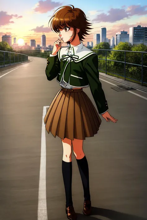 best quality, fujisaki chihiro, 1990s (style), 1boy, otoko no ko, light brown hair, green jacket, ribbon, brown skirt, kneehighs, cityscape, retro artstyle, sunset,<lora:chihiro-nvwls-v1:0.95>,  <lora:90sv1.3RW:0.6>