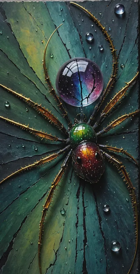 painting of a spider with a colorful orb on its back