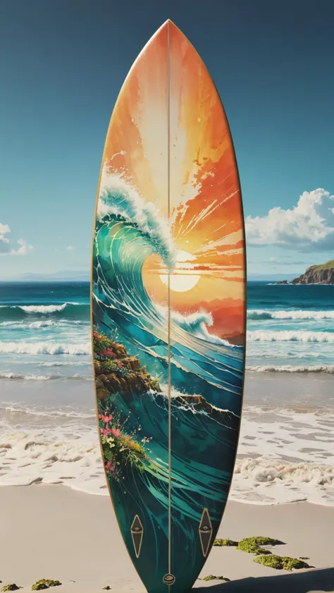 surfers board with a painting of a wave on the beach