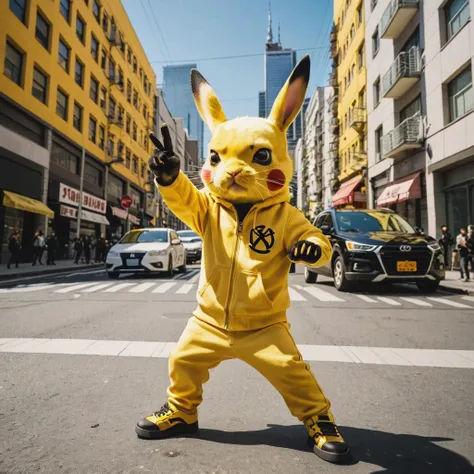 Pikachu, F/1 Photo RAW, Hyper-Realistic, Confrontation Troublemaker Anarchist, Neo Modernist, Slice of Life, Bright City Sunny Day