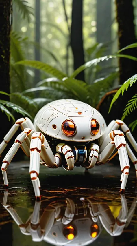 there is a white crab with orange eyes sitting on a table