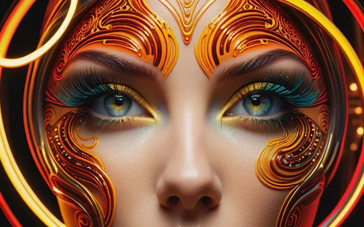 a close up of a woman with a colorful makeup and eyeliner