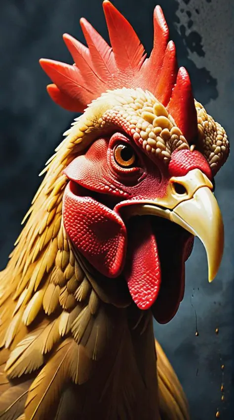 a close up of a chicken with a red head and yellow beak