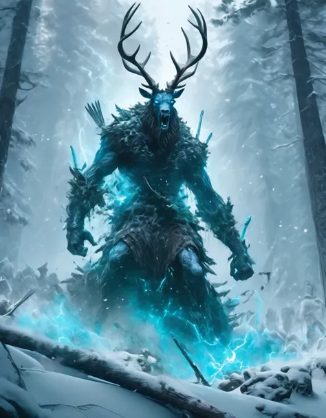 a man in a blue outfit is standing in the snow with a deer head