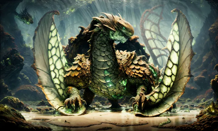 a close up of a dragon with wings and a body of water