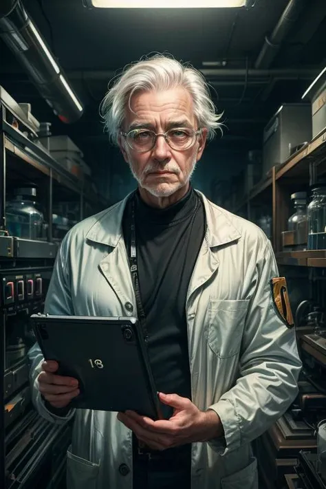 a man in a lab coat holding a tablet computer in a laboratory